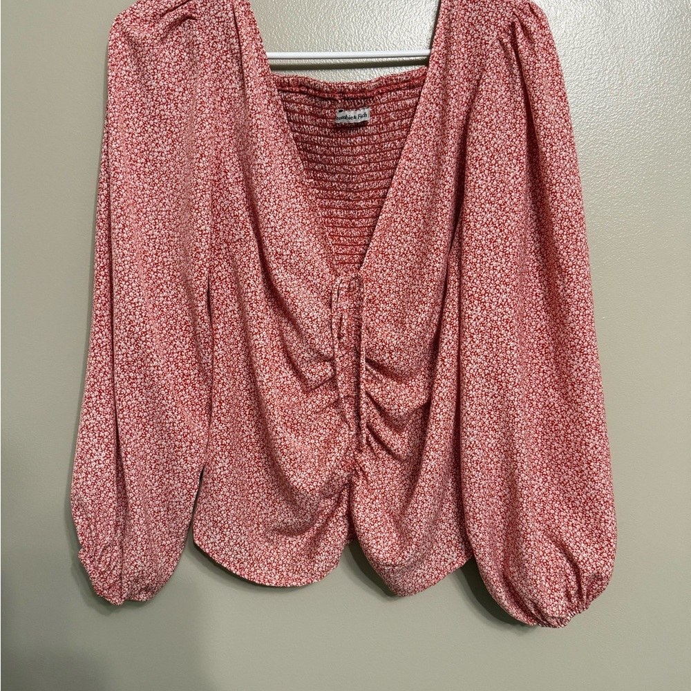 Abercrombie & Fitch Pink Floral Ruched V-Neck Blouse